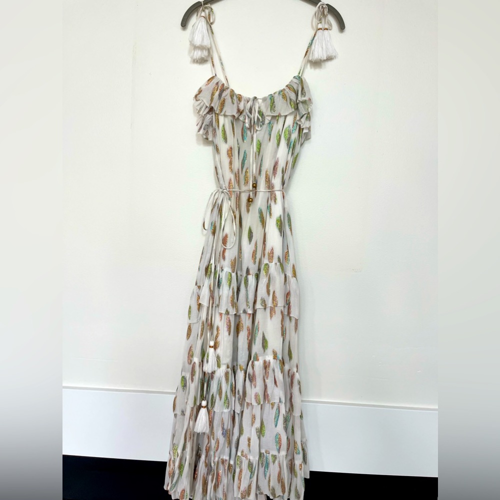 White dress with oil spill color leaf.